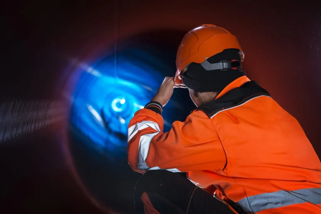 Engineer in high-visibility gear inspecting the inside of a gas pipe